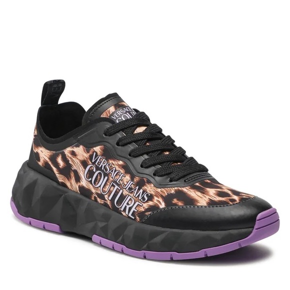 Versace Jeans Collection Women's Leopard Print Sneakers - Black and Purple WM 5 - Picture 3 of 6